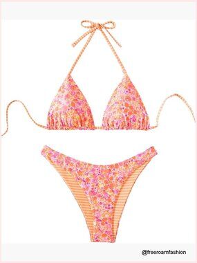 Floral Striped Bikini Set Halter String Thong High Cut Swimsuit